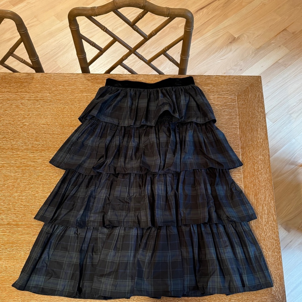NWT ANTONIO MELANI Tiered Ruffle Midi Skirt, in Blackwatch Tartan Print, Size 2